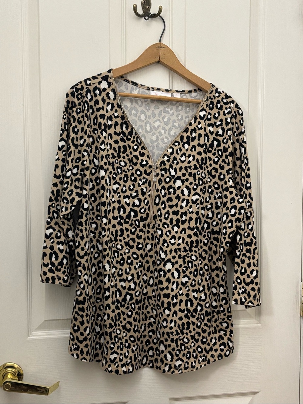 Belle by Kim Gravel Women’s Large Leopard Print Quarter Zip Tunic Top